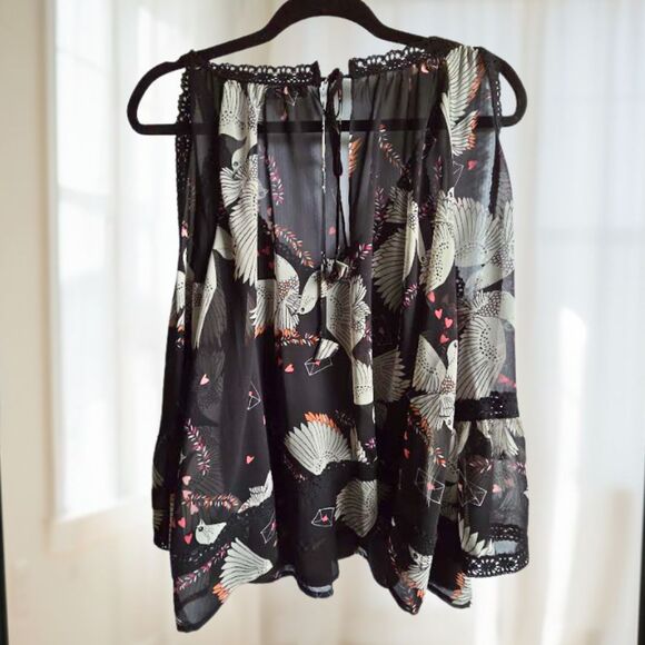 Rebecca Minkoff Blouse I Large I Cold Shoulder Shirt Top V Neck Lace Birds Black - Picture 3 of 7